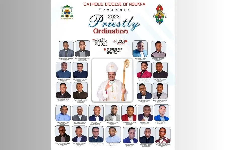 Une affiche montrant les 26 nouveaux prêtres ordonnés par Mgr Godfrey Igwebuike Onah du diocèse de Nsukka, au Nigeria, le 26 août 2023. Crédit : Diocèse de Nsukka