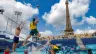 Les joueurs norvégiens Christian Sorum (G), Anders Mol (2e G) et les joueurs australiens Zachery Schubert (2e D) et Thomas Hodges (D) participent à une séance d'entraînement avant l'ouverture des Jeux Olympiques de Paris 2024 au stade de la Tour Eiffel à Paris, le 24 juillet 2024. / 