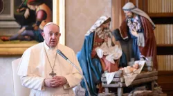 Le pape François s'exprime lors d'une audience générale dans la bibliothèque du Palais Apostolique. / Vatican Media.