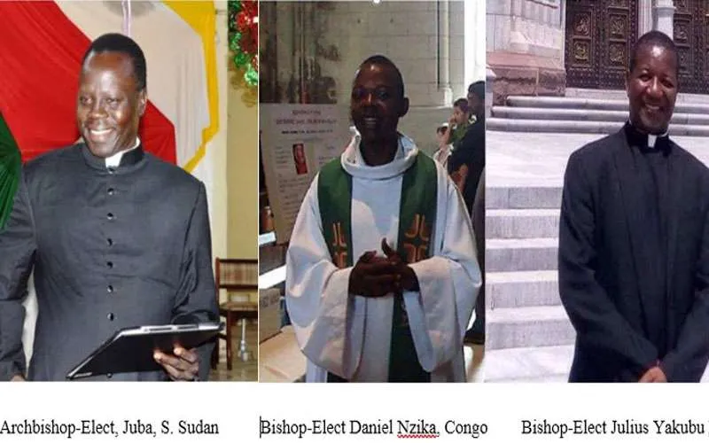 Nominations papales du 12 décembre 2019 : de gauche à droite, Mgr Stephen Ameyu, archevêque élu de Juba au Sud-Soudan, Mgr Daniel Nzika, évêque élu de Congo-Brazzaville's Impfondo, et Mgr Julius Yakubu Kundi de Kafanchan au Nigeria. / Domaine public