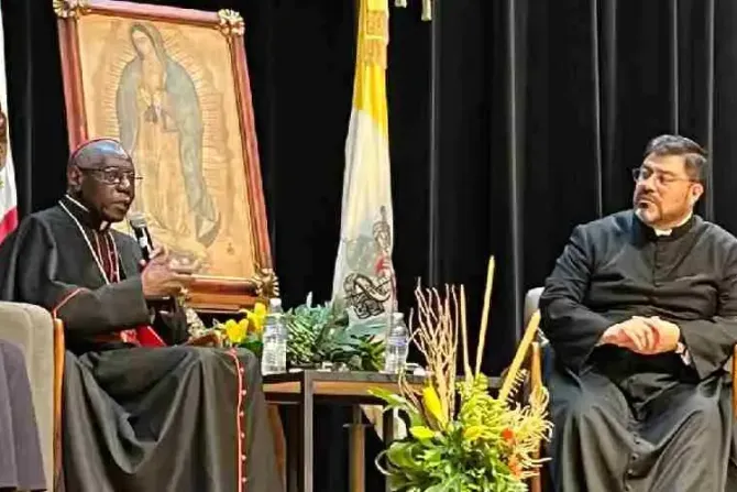 Le cardinal Robert Sarah parle aux côtés du père Guillermo Gutiérrez lors de la conférence à l'Université La Salle à Mexico, le 26 juin 2023. | Crédit : Université La Salle