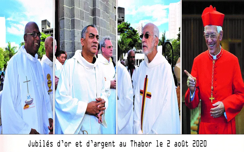 De gauche à droite : le père Sylvio Lodoïska et le père Eddy Coosnapen se préparent à célébrer leur jubilé d'argent sacerdotal et le père Gérard Sullivan et le cardinal Maurice Piat qui célébreront leur jubilé d'or sacerdotal le 2 août. Diocèse de Port-Louis