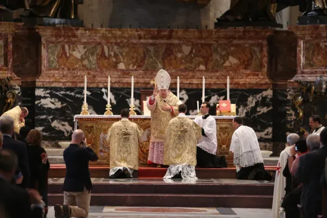 Le cardinal Raymond Burke donne la bénédiction finale lors de la messe du pèlerinage Summorum Pontificum à Rome, le 25 octobre 2014./ Daniel Ibáñez/CNA.