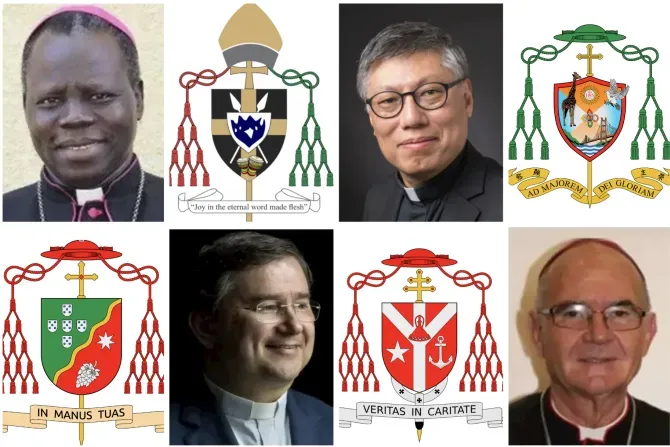 Mgr Stephen Ameyu Martin Mulla, archevêque de Juba, et ses armoiries épiscopales (en haut à gauche) ; Mgr Stephen Chow, évêque de Hong Kong, et ses armoiries épiscopales (en haut à droite) ; Mgr Américo Aguiar, évêque de Setúbal, Portugal, et ses armoiries (en bas à gauche) ; Mgr Stephen Brislin, archevêque de Cape Town, et ses armoiries. | Crédit : ACI Africa ; Archidiocèse de Juba ; Société de Jésus/Diocèse de Hong Kong ; Patriarcat de Lisbonne ; Archidiocèse du Cap.