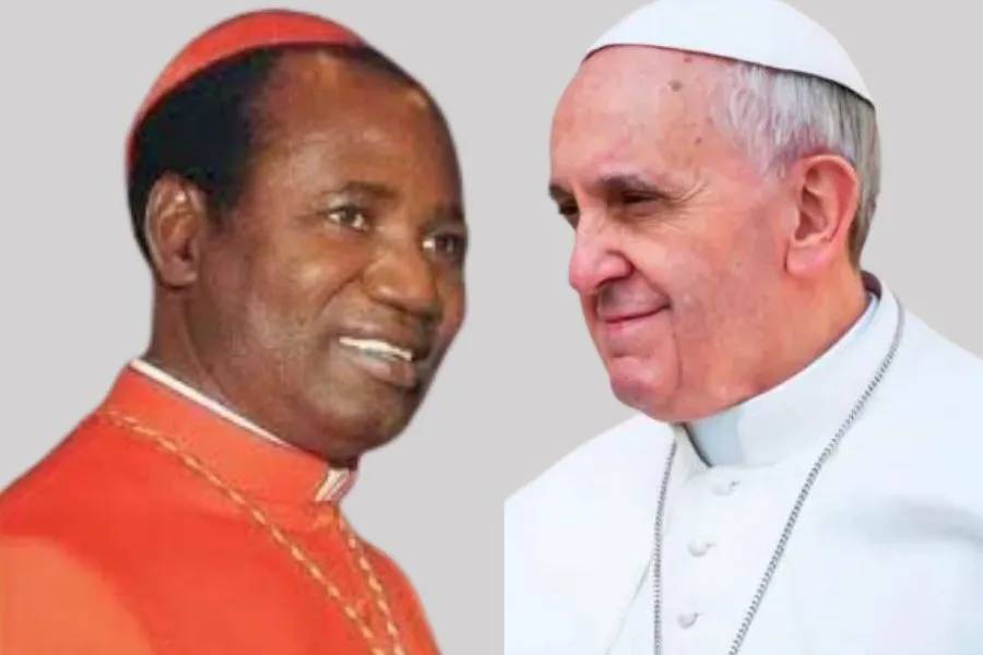 Le pape François et le cardinal Polycarpe Pengo (à gauche), archevêque émérite de l'archidiocèse de Dar es Salaam en Tanzanie. Crédit : Mazur/catholicnews.org.uk./Vatican Media