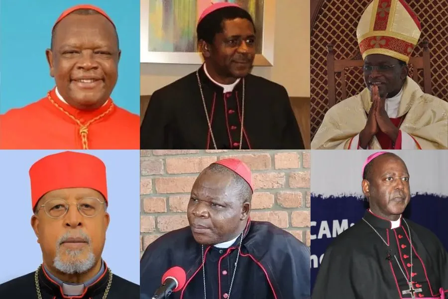 En haut, de gauche à droite - Fridolin Cardinal Ambongo Besungu, Mgr Andrew Nkea Fuanya, Mgr Martin Kivuva Musonde, en bas, de gauche à droite - Berhaneyesus Demerew Cardinal Souraphie, Dieudonné Cardinal Nzapalainga, Mgr Lucio Andrice Muandula.