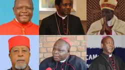 En haut, de gauche à droite - Fridolin Cardinal Ambongo Besungu, Mgr Andrew Nkea Fuanya, Mgr Martin Kivuva Musonde, en bas, de gauche à droite - Berhaneyesus Demerew Cardinal Souraphie, Dieudonné Cardinal Nzapalainga, Mgr Lucio Andrice Muandula. / 