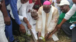 Mgr Ignatius Kaigama plantant un arbre dans le cadre de la campagne de plantation de 20000 arbres dans l'archidiocèse catholique d'Abuja au Nigeria. Crédit : Samson Adeyanju / 