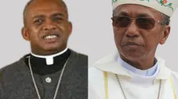 Mgr Jean Claude Randrianarisoa (à droite), évêque du diocèse de Miarinarivo à Madagascar, prend sa retraite et Mgr Marie Fabien Raharilamboniaina (à gauche), évêque du diocèse de Morondava à Madagascar,  nommé administrateur apostolique du siège épiscopal malgache. / 