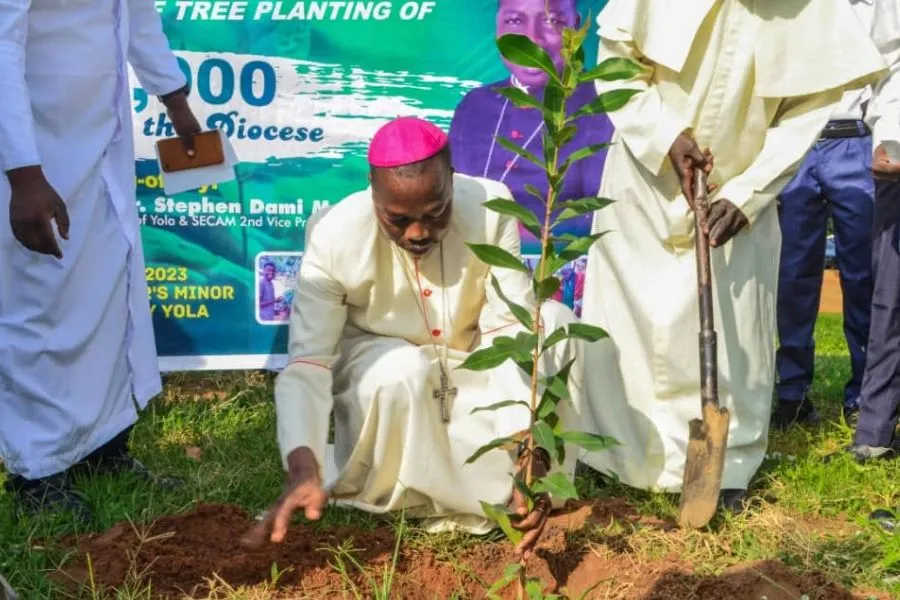 Mgr Stephen Dami Mamza lors du lancement de la campagne de l'arbre de la révolution verte dans le diocèse de Yola. Crédit : Diocèse de Yola / 