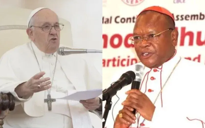 Le pape François lors de l'audience générale du 17 mai 2023 (à gauche) et le cardinal Fridolin Ambongo, président du Symposium de la Conférence épiscopale d'Afrique et de Madagascar (SCEAM) (à droite). Crédit : Daniel Ibanez/SECAM