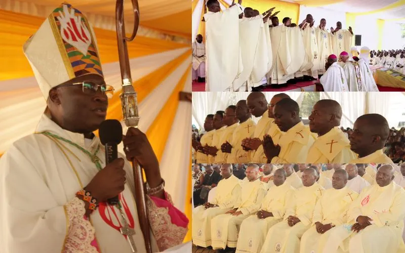 Mgr John Mbinda, évêque du diocèse catholique de Lodwar au Kenya, préside l'ordination sacerdotale de neuf spiritains à la paroisse St. Austin's Msongari de l'archidiocèse catholique de Nairobi au Kenya (ADN). Crédit : ACI Afrique