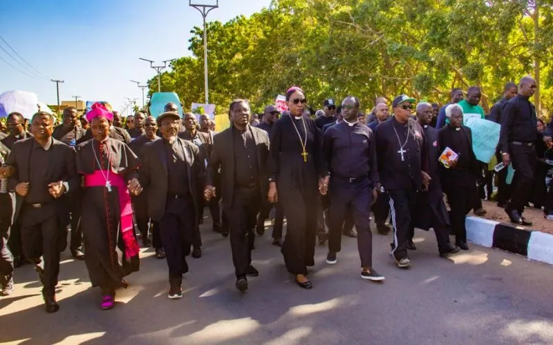 Les leaders chrétiens lors de la "Plateau Peace Walk" du 8 janvier 2024 pour manifester contre les attaques du 23 au 26 décembre 2023 qui ont fait près de 200 morts parmi les chrétiens. Crédit : CAN Plateau State