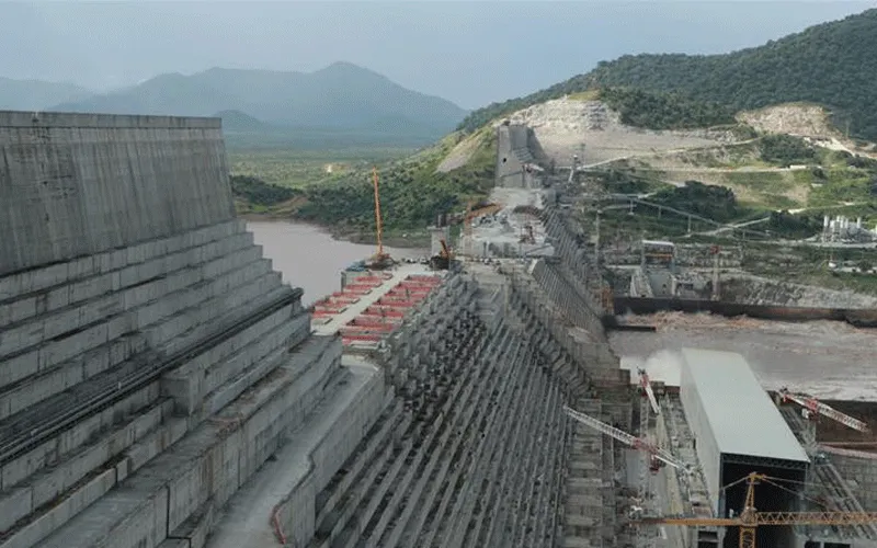 Le barrage Grand Renaissance d'Éthiopie en construction sur le Nil dans le Guba Woreda, région de Benishangul Gumuz, Éthiopie. Domaine public