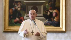 Le pape François s'exprime lors d'une audience générale dans la bibliothèque du Palais Apostolique. / Vatican Media.