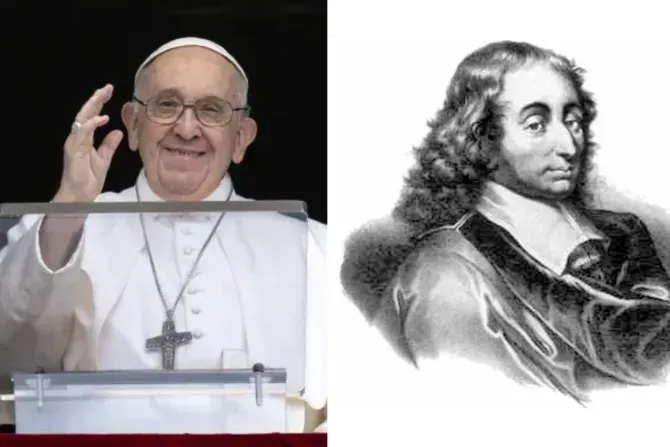 Le pape François prononce son discours de l'Angélus le 18 juin 2023/Portrait de Blaise Pascal. | Vatican Media/Domaine public / 