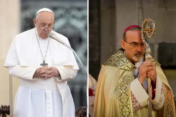 Le pape François prie lors de l'audience générale sur la place Saint-Pierre, le 20 septembre 2023. Le cardinal Pierbattista Pizzaballa, patriarche du Patriarcat latin de Jérusalem, célèbre la messe du dimanche de Pâques à la basilique du Saint-Sépulcre à Jérusalem le 4 avril 2021. | Crédit : (G) Daniel Ibanez/CNA. (D) Patriarcat latin de Jérusalem.