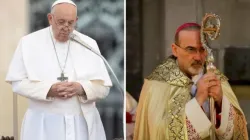 Le pape François prie lors de l'audience générale sur la place Saint-Pierre, le 20 septembre 2023. Le cardinal Pierbattista Pizzaballa, patriarche du Patriarcat latin de Jérusalem, célèbre la messe du dimanche de Pâques à la basilique du Saint-Sépulcre à Jérusalem le 4 avril 2021. | Crédit : (G) Daniel Ibanez/CNA. (D) Patriarcat latin de Jérusalem. / 