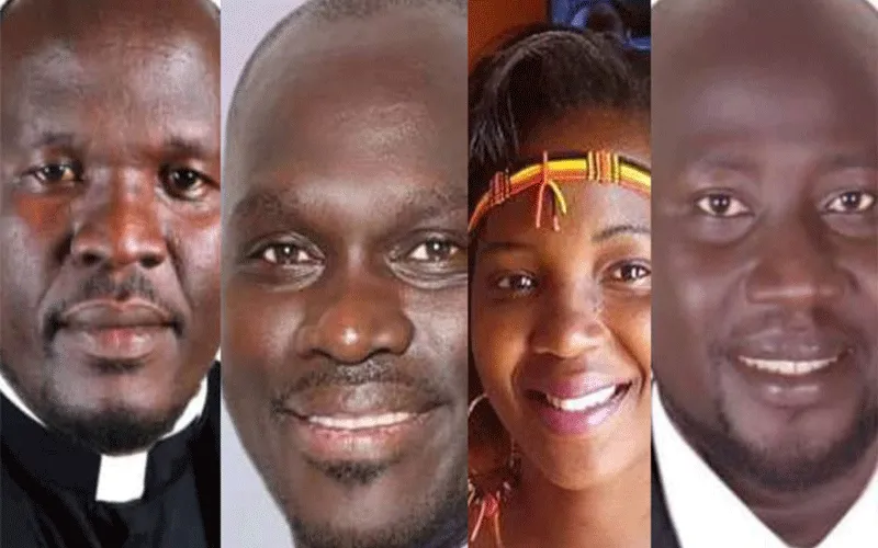 De gauche à droite : Le père Charles Onen, M. Emmanuel Mwaka Lutukumoi, Mme Nancy Atimango et M. Andrew Ogwetta Otto dans la course pour le siège de député de Gulu Est. Domaine public