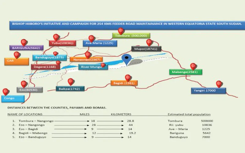 Carte montrant les 11 routes de desserte en construction dans le diocèse de Tombura-Yambio au Soudan du Sud. Diocèse de Tombura-Yambio