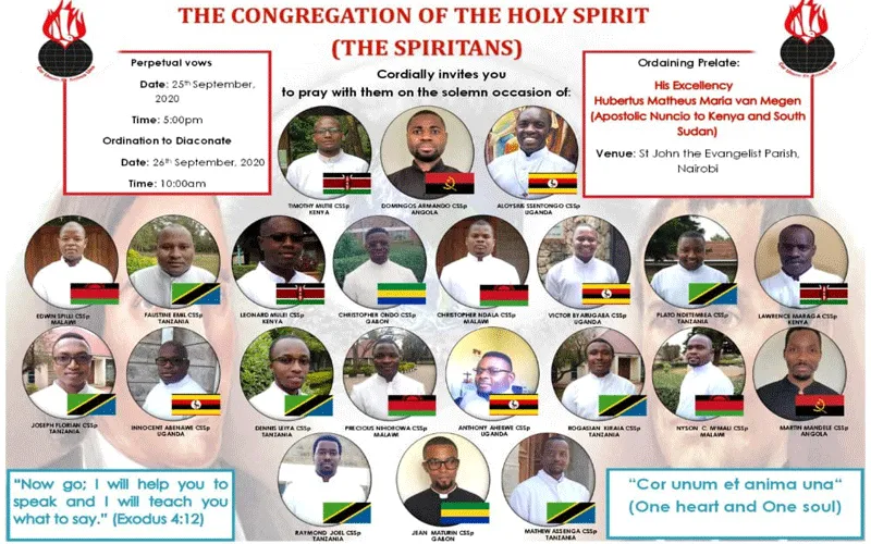 Une affiche annonçant les voeux perpétuels et l'ordination diaconale de 22 séminaristes de la Congrégation du Saint-Esprit (Spiritains). / Congrégation du Saint-Esprit (Spiritains).