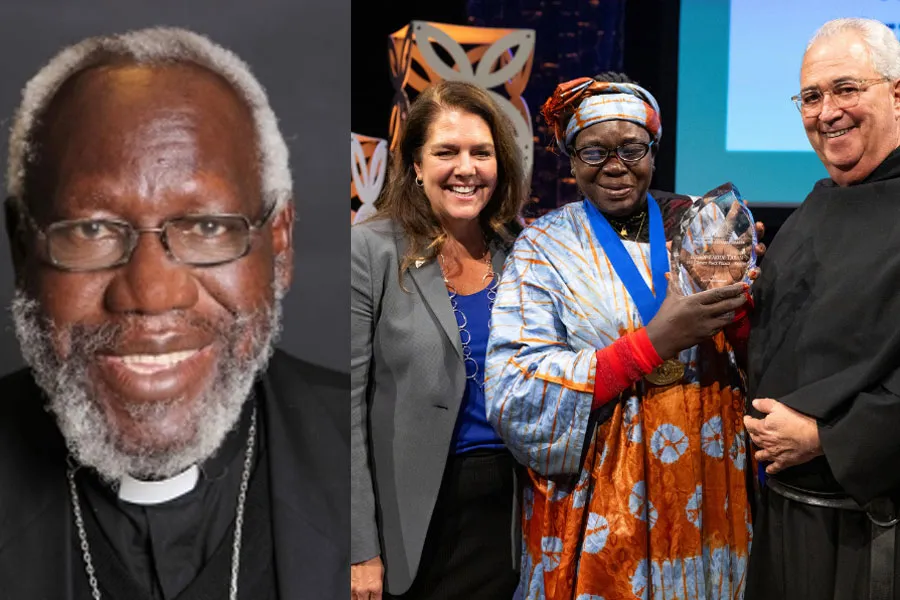 Le défunt évêque émérite du diocèse catholique de Torit au Soudan Sud, Paride Taban, est le lauréat du prix Opus 2023. (DE GAUCHE À DROITE) : Kerry Alys Robinson, directrice exécutive de The Opus Prize Foundation ; Dr Margaret Itto, vice-présidente du conseil d'administration de Holy Trinity Peace Village Kuron et ministre d'État pour la santé dans l'État d'Equatoria oriental, au Soudan du Sud ; le président de l'université, le révérend Peter M. Donohue, OSA, PhD. Crédit : Université de Villanova