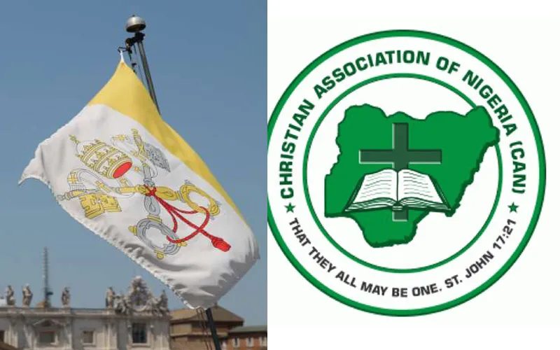 Le drapeau du Vatican et le logo de l'Association chrétienne du Nigeria (CAN) / 